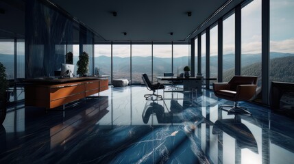 The stylized interior design of office with marble floor, small windows opening to the large buildings. Generative AI