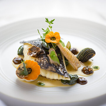 The Tasty Delight of Fine Dining Turbot and Morels. AI Generated Art. Concept Art for Foodies. Restaurant. Fine Dining in Spring and Summer.