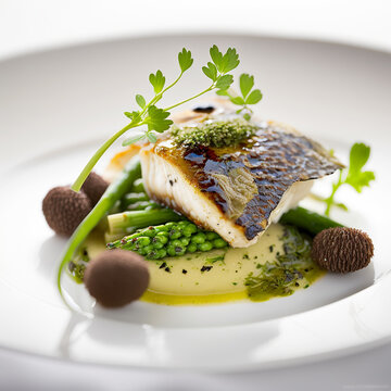 The Perfect Bite: Delicious Turbot and Morels in a Spring and Summer Garden Setting. AI Generated Art. Concept Art for Foodies. Restaurant. Fine Dining in Spring and Summer.