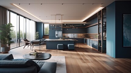 Fototapeta na wymiar Stylized interior of modern luxury penthouse room design with wooden floor. Generative AI