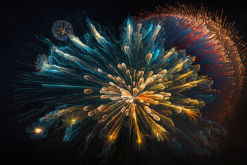 beautiful big colorful fireworks in the sky in bright colors created with Generative AI technology