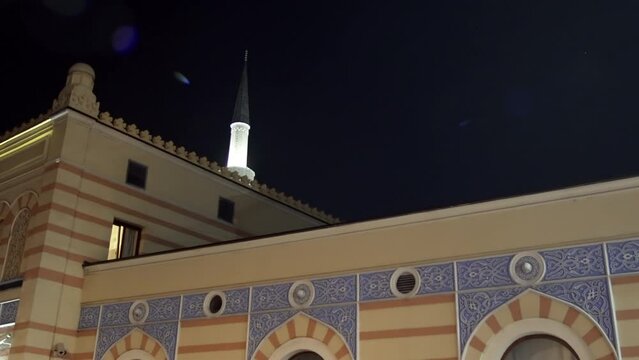 Minaret of Emperor's Mosque (Gazi Husrev) at night in Sarajevo, Bosnia and Herzegovina