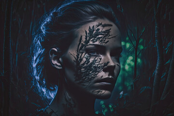 young woman in the dark forest with abstract representation, the face designed in forest optics created with Generative AI technology