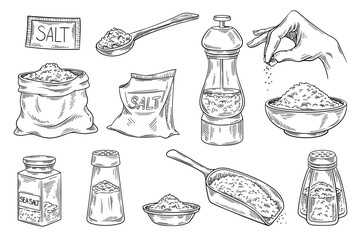 Salt sketch set. Hand drawn wooden spool and bag, salt shaker and human palm with pinch. Spice and ingredient for cooking delicious food. Cartoon flat vector illustrations isolated on white background