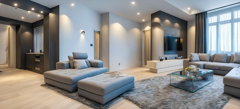 Photo of a comfortable living room with modern furniture and entertainment center