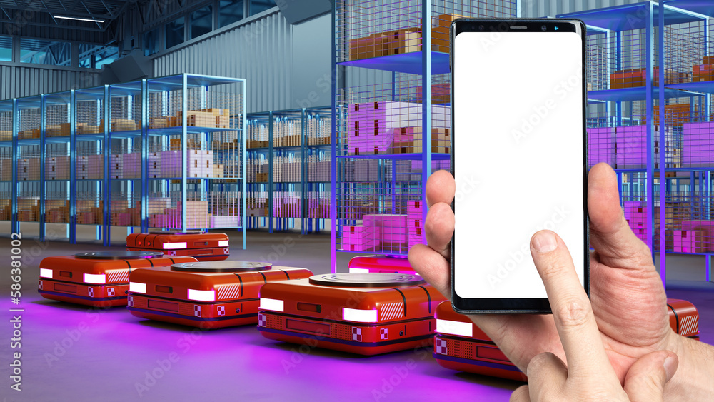 Poster warehouse phone template. automated guided vehicles. smartphone white screen. autonomous mobile robo