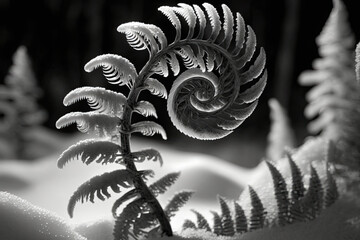 black and white photograph of a fern which curls up to the tip, more fern leaves in the background created with Generative AI technology