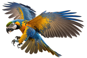 a jungle-themed photographic illustration of a vibrant blue and yellow macaw parrot in flight on a transparent background in PNG. Generative AI