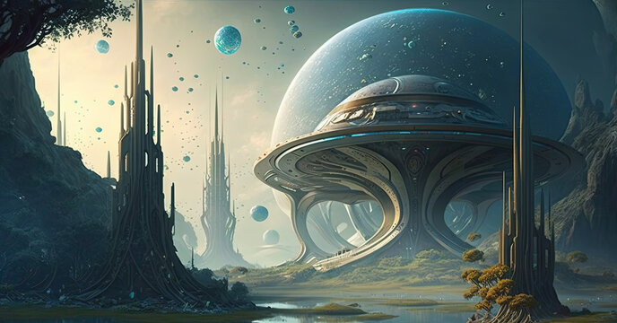 spaceship with a dome on an alien planet with tum-like formations in the foreground and background, many more planets and stars in the sky created with Generative AI technology