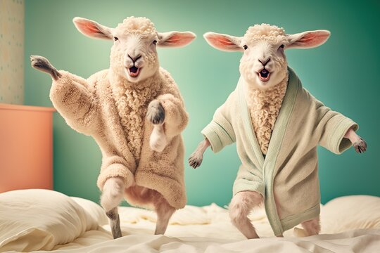 funny lambs in terry bathrobe joyfully jumping at the bed having fun, created with Generative AI technology