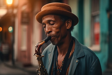 Melodic Rhythm. A talented Jazz street musician playing soulful saxophone in the narrow alleyway. Music and urban lifestyle concept. AI Generative