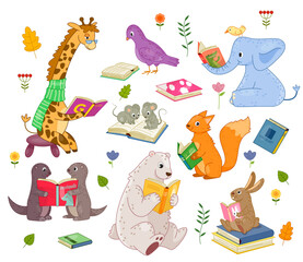 Fototapeta na wymiar Funny animals read books set. Giraffe, elephant, mice and colorful birds. Bear, hare and fox with textbooks. Knowledge and literature. Cartoon flat vector illustrations isolated on white background