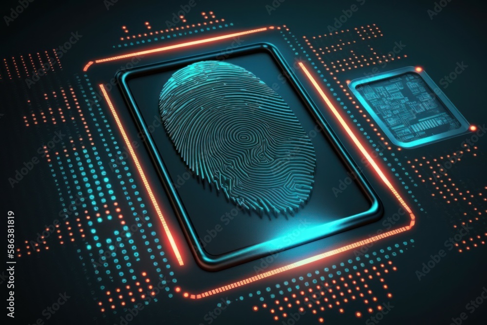 Poster digital biometri, security identify by fingerprint concept. scanning system fingerprint. ai generate