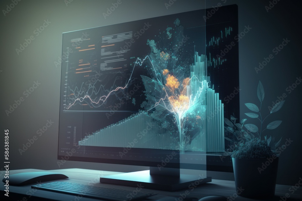 Poster computer monitor with analytical data visualization. ai generated, human enhanced