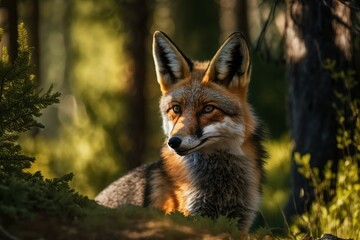 Naklejka na ściany i meble Portrait of a cute beautiful fox, selective focus. AI generated, human enhanced