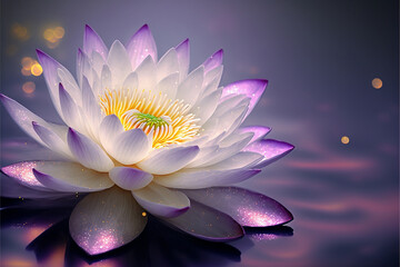 lotus white light purple floating light sparkle background with copy space for text. AI generated