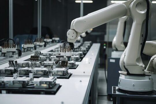 Robotic assembly line. Robot in the industry on the conveyor. AI generated, human enhanced