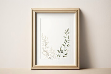 simple wooden frame with delicate green branch and its pencil sketch in front of a white wall created with Generative AI technology