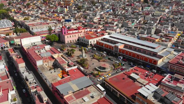 Pachuca de Soto, Aerial view of the Plaza de la Constitucion with colorful houses in the center of Pachuca, Hidalgo