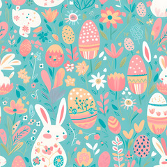 Easter pattern. Cute vector bunny floral seamless repeat design background. Simple seamless pattern for fabric, textile, gift wrap, and wallpaper. Generative AI