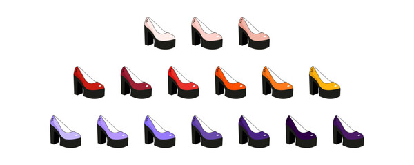 Color High heel shoes. Collection, set of symbols and associations of feminism. Women's rights day, international women's day. Vector illustration