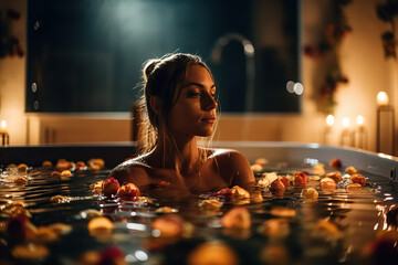 Candlelit Spa Bliss: Woman Enjoying a Relaxing Evening Soak with Petals - obrazy, fototapety, plakaty