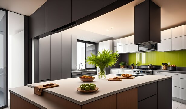 Photo Of A Modern Kitchen With A Spacious Center Island And A Bowl Of Colorful Fruits As A Centerpiece