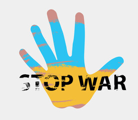 Stop the war. A hand for peace on the territory of Ukraine. flag of Ukraine, blue yellow color. Vector illustration.