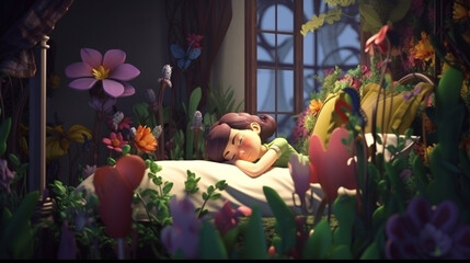 3d illustration of fantasy asian girl sleeping in bedroom with flower