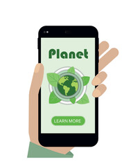 Ecology, greening the planet, in the phone. Online. News. Trees, lungs of the planet. Banner, flat vector illustration. Planet in green leaves.