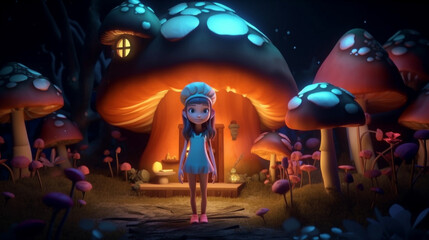 Cute Girl and Mushroom House in the night Garden