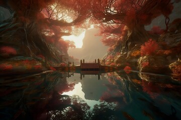 Surreal world. Massive trees and small bridge connecting both sides of the stream, dreamy atmosphere. generative AI