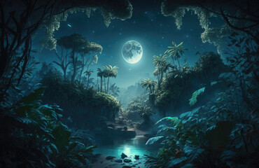 beautiful jungle illustration at night with full moon created with Generative AI technology
