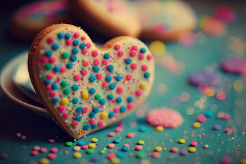 nice tasty heart shaped biscuit with colorful sprinkles created with Generative AI technology