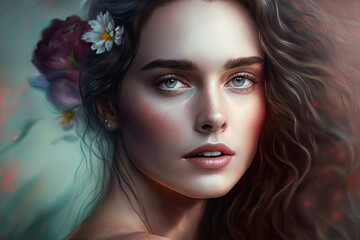 Fototapeta premium young woman with blue gray eyes and long hair she has a flower in her hair created with Generative AI technology