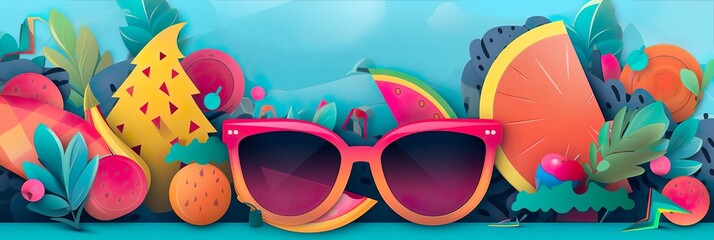 Summer time fruit and sunglasses banner with a light blue background (generative ai)