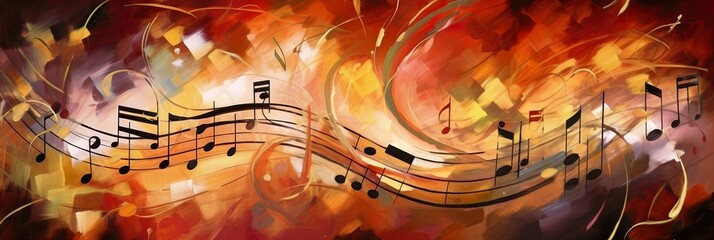 Banner of musical notes, red, yellow, orange, gold (generative ai)