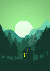 landscape with mountains and a house