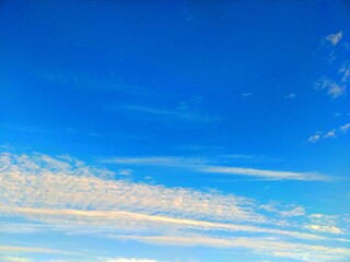 見上げた青空に白い雲が浮かぶ秋の空の自然風景（コピースペースあり）