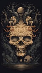 Artistic dark illustration of a decaying skull with abstract pattern, generative AI