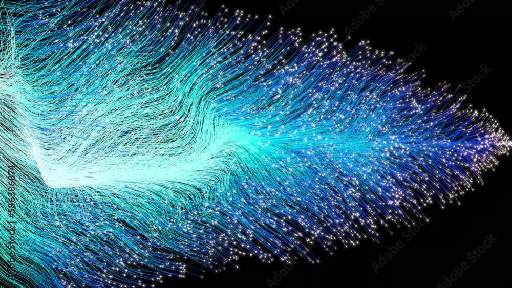 Poster beautiful abstract background of glowing lines on a black background. glowing dots. the flow of opti
