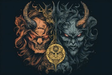 Illustration of orange and grey demon heads with horns in a black background, generative AI