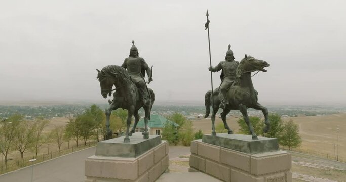 Horseman Monument to Sauryk and Suranshi batyrs in Uzynagash. National heroes of Kazakhstan country. Two generals on horseback.
