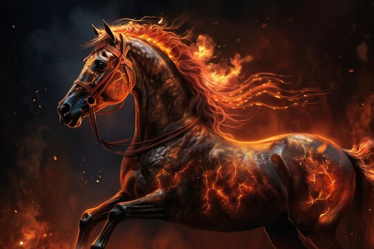 Illustration of a running flaming black horse in a dark background, generative AI