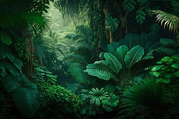 Illustration of a lush green jungle wallpaper, generative AI