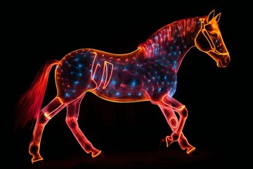 Walking horse glowing with orange neon light on black background, generative AI