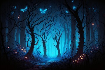 Magical dark forest glowing with blue light at night, generative AI