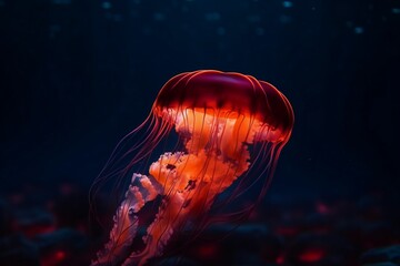 Glowing red jellyfish swimming in a dark background, generative AI