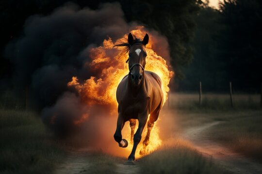 Brown horse running from a fire and black smoke in a grassy field, generative AI