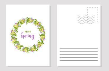 The layout of the spring postcard.Template. Vertical. Vector flat illustration.